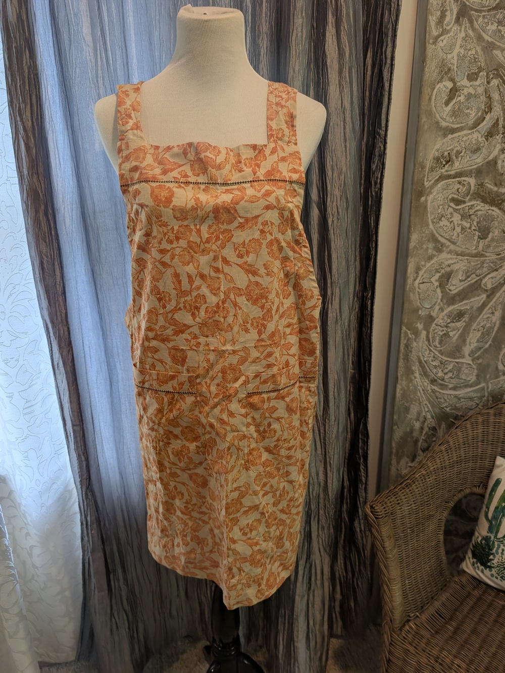Anthropologie Orange Floral Cotton Cross Back Apron Cottagecore